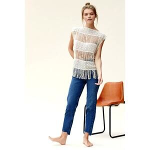 Callahan for Anthropologie Beige Cotton Fringe Short Sleeve Blouse Top Size M